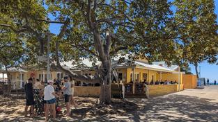 I think this picture sums up a typical morning at Rotto. I like the dappled morning light created by the shady fig trees and the distinctive orange coloured buildings. I have composed it so the people locking up their bikes on the left, balances with the cafe veranda and the glimpse of the ocean in the distance. My Pixel 9 Pro has done a nice job of balancing the tricky light.