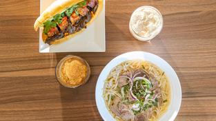 Special banh mi, egg coffee, salt iced coffee and beef pho from Saigon The Go.  