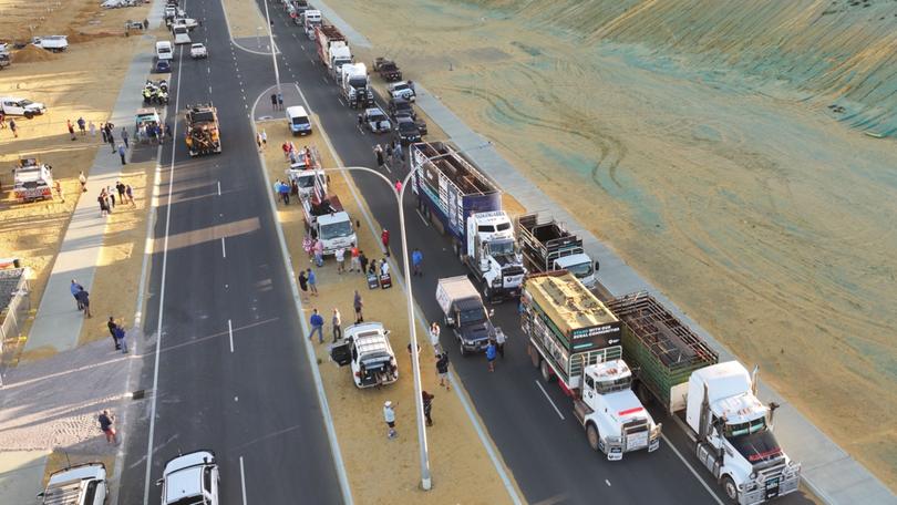 Four convoys left sites at Bedfordale, Mundijong, Neerabup and Fremantle at 7.30am and will crawl through the city to rally against the $80 million industry shutdown.