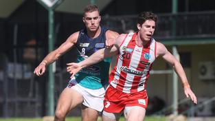 South Fremantle’s Hamish Free beats Peel’s Liam Reidy to the ball.