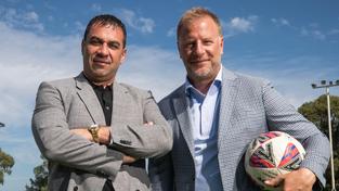 Perth Glory owner Ross Pelligra and Socceroos great Vince Grella are pictured at Ken Allen Field today. Michael Wilson