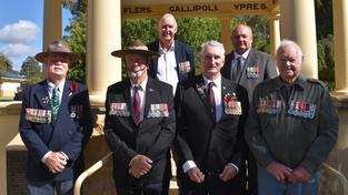 From left to right: Returned Royal New Zealand Navy veteran Neill Dorset, returned Vietnam veteran Grant Froome, returned 5th Battalion Royal Australian Regiment veteran Gary Young, returned Vietnam veteran Eric Madson, returned Vietnam veteran Pte Peter Mullan, and returned Royal Australian Air Force veteran Sgt David Russell. 
