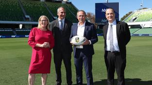 Premier Roger Cook, Sport and Recreation Minister Rita Saffioti, Australian Rugby League Commission Chairman Peter V’landys and National Rugby League CEO Andrew Abdo at HBF park following the announcement about the new NRL team based in WA. 