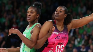 West Coast Fever defender Kadie-Ann Dehaney battles Adelaide Thunderbirds goal shooter Romelda Aiken-George.